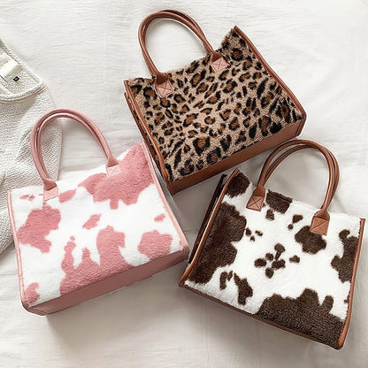 Leopard Bag Fur Brown Leather Women's Faux Print with Tote