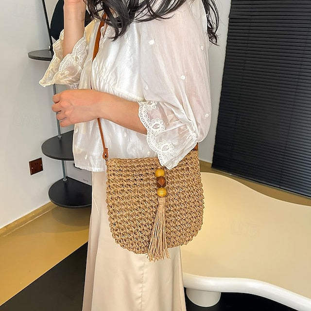 Tassel Women's Bag Woven Boho Handbag – Straw Crossbody