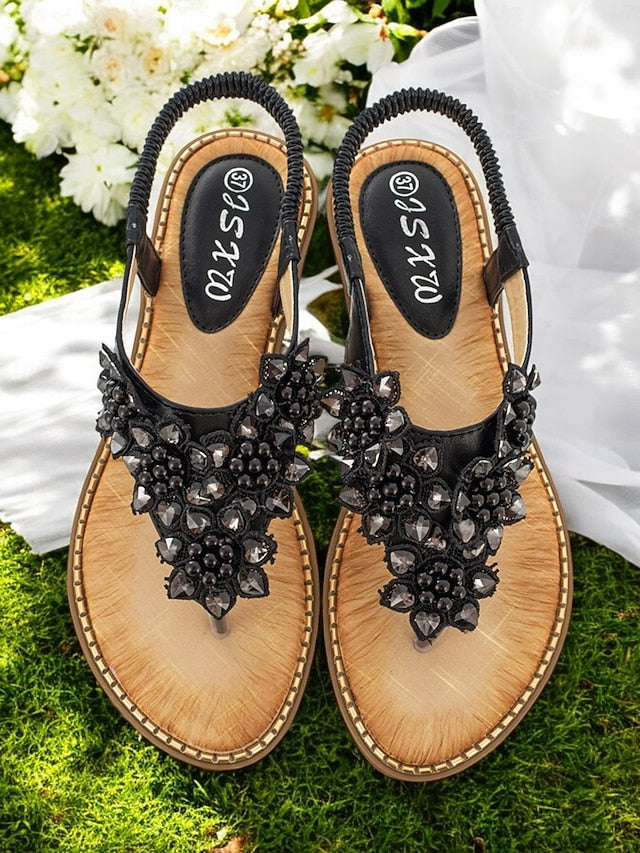 Comfortable Beaded Floral with Design Flat Slip-Ons