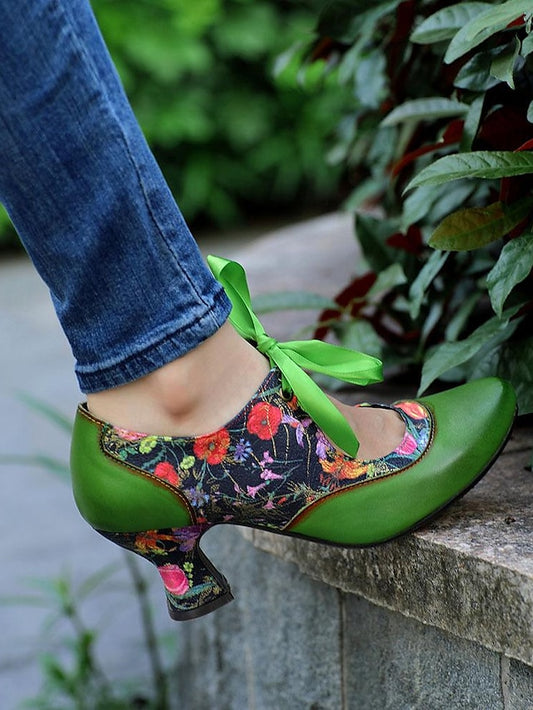 Leather Heels with Green Print Women's Jane Mary Floral