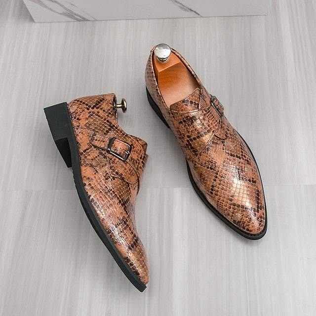 Men Strap Formal for Monk Shoes – Classic Snake Brown Print