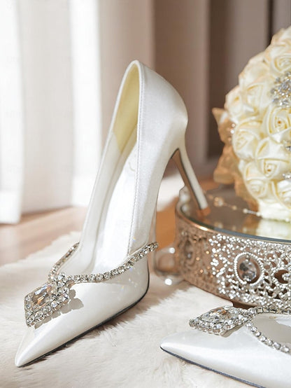 Satin Women's Pointed White Heels Wedding Toe with Crystal