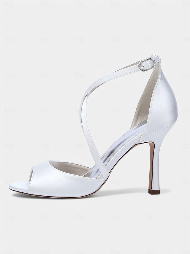White Heels Peep-Toe Women's Elegant Satin – Cross-Strap