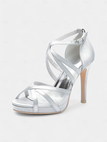 Satin High - White Heel Bridal Straps Sandals with Cross Perfect