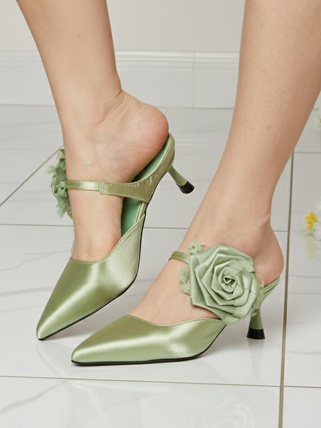 Heels Floral Pointed Green Toe Ankle Satin with Women's