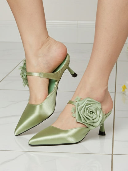 Heels Floral Pointed Green Toe Ankle Satin with Women's