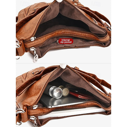 Brown Leather Women's Bag Multiple Faux Pockets with Hobo