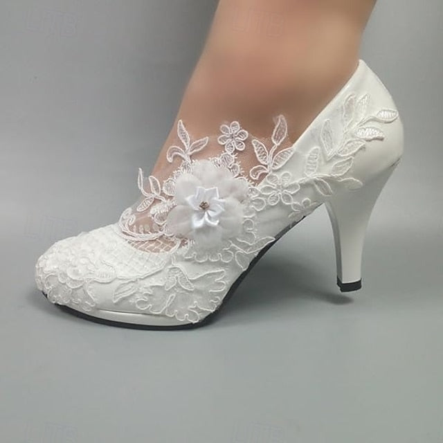 White Elegant – Bridal Lace Wedding Heels Floral Women's