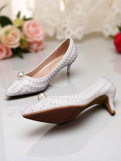 Pumps Heel Pearl-Embellished Matching Kitten and Women's