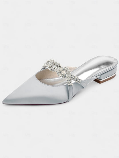 - Rhinestone with Heels Satin Pointed-Toe Mule Blue Detailing