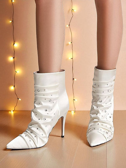 Satin White Women's Ankle with Boots Rhinestone