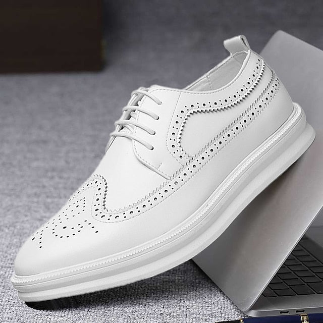 Leather Brogue Stylish Lace-Up Shoes White - Men's Derby