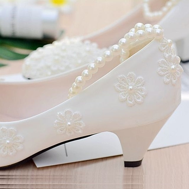 White Pearl Lace Wedding Floral Heels – Women's Decorated