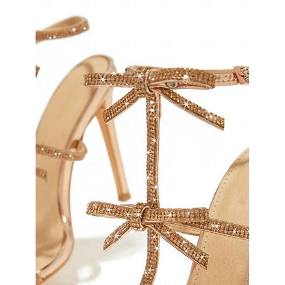 Knot Sandals Sparkly Strappy Women's Stiletto Bow Gold –