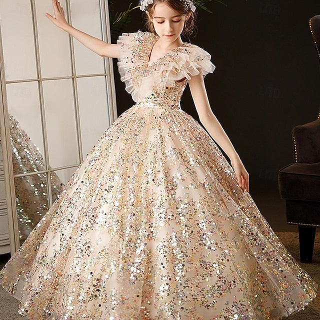 Solid 3/4 Kids Party Flower Dress Color Girl Girls'