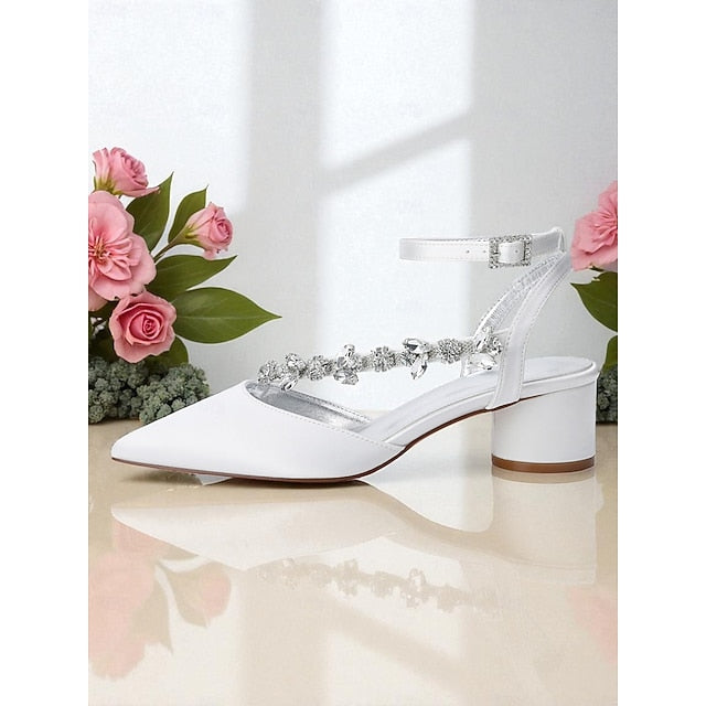 Satin Rhinestone Purple Women's Block with Heel Pumps