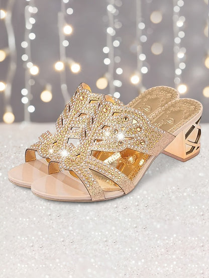Heeled Embellished and Rhinestone - Green Sandals Gold