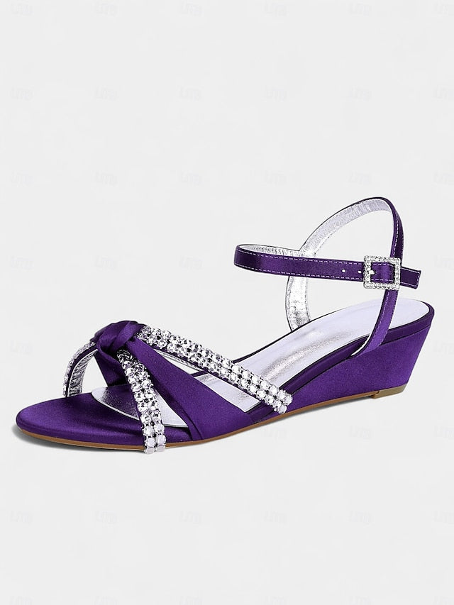 - Satin Green Rhinestone Wedge Sandals Knot Women's