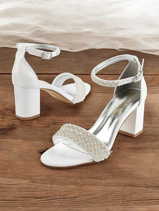 Open-Toe Heels with Pearl-Embellished for Ivory Strap Ankle