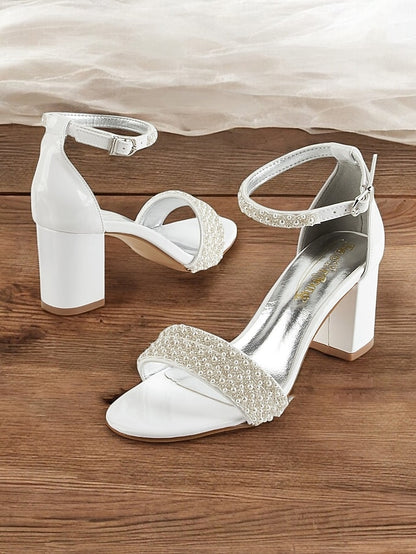 Open-Toe Heels with Pearl-Embellished for Ivory Strap Ankle
