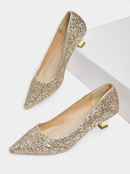 Pointed Glitter Pumps Toe - Sparkly Women's Low Heel