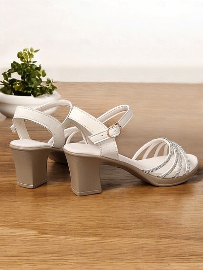 Block with Heel Rhinestones - Sandals Comfortable Strappy Black