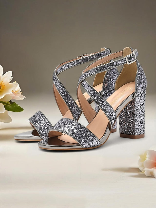 Glitter Women's Block Gold Sandals Heel