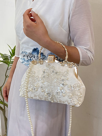 Handbag and Floral White Pearl Evening Elegant Lace with