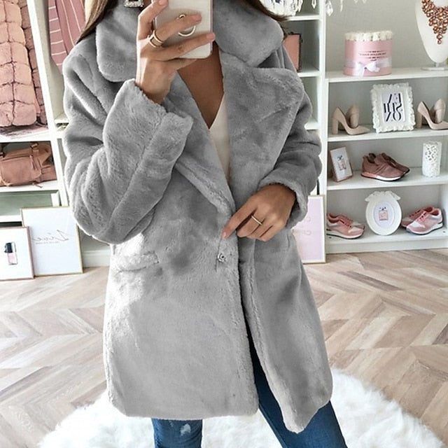 Women's Comfortable Faux Warm Coat Fur Pocket Casual
