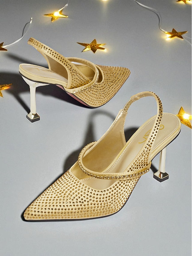 Sparkly - Women's Heels Pointed Gold Rhinestone Toe
