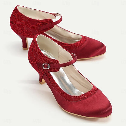 Comfortable Satin Red Mid-Heel Lace Heels - Women's Elegant