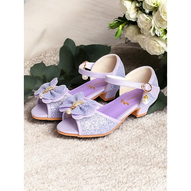 Glitter Purple Bow Accent Pearl Girls' Sandals with
