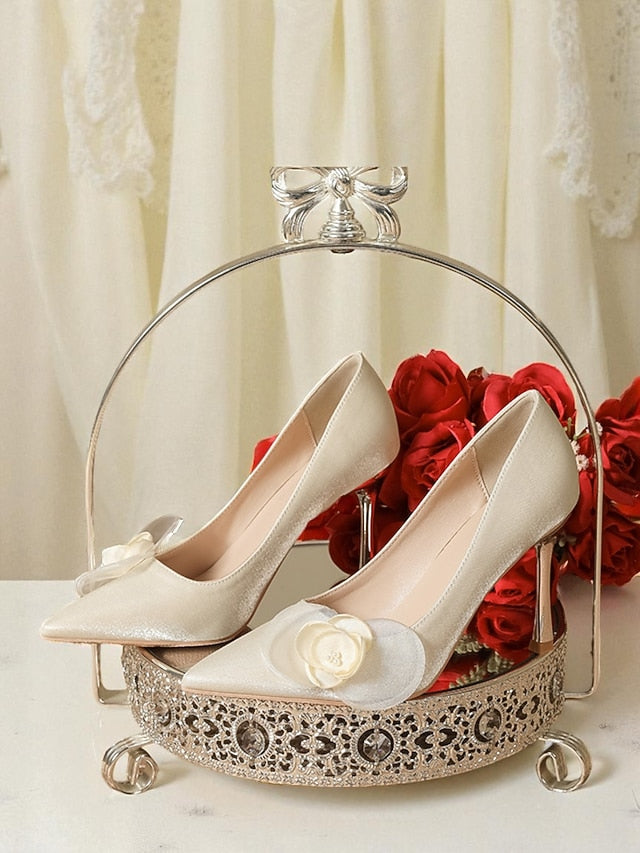 Satin Women's Floral Elegant - Ivory Heels Wedding Pointed