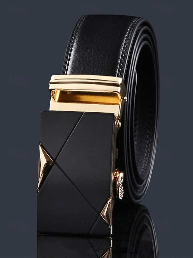 with Elegant Adjustable Black Leather Men's Belt Metal