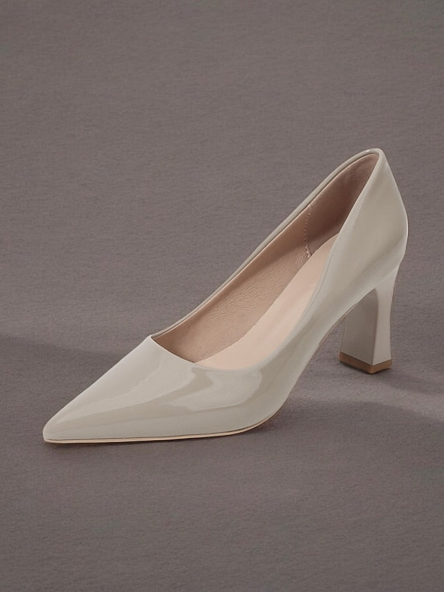 Heel Green Leather Faux Glossy Patent Pumps Pointed-Toe Block