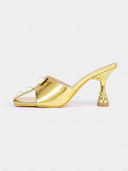for Women Mules – Elegant with Detailing Pearl Gold Open-Toe