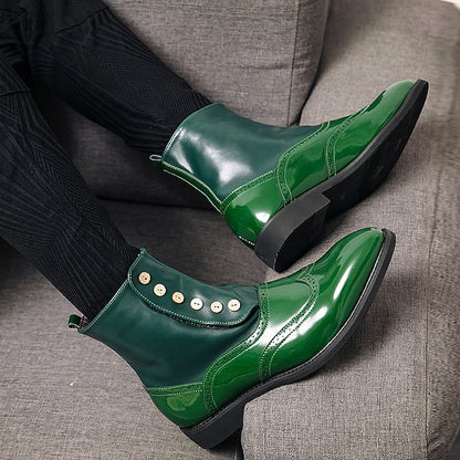 Button Wingtip Green Boots Stylish - Men's Leather Vintage