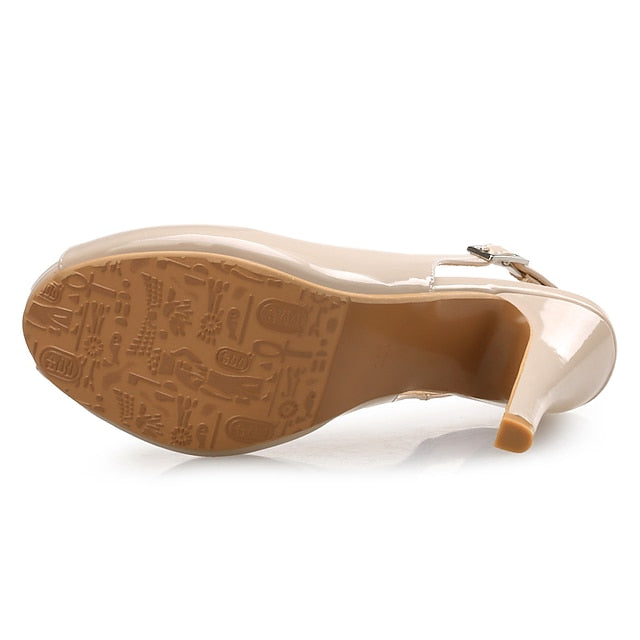 Women's High Patent Black Peep-Toe Leather Heels Slingback