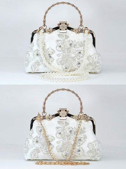 Handbag and Floral White Pearl Evening Elegant Lace with