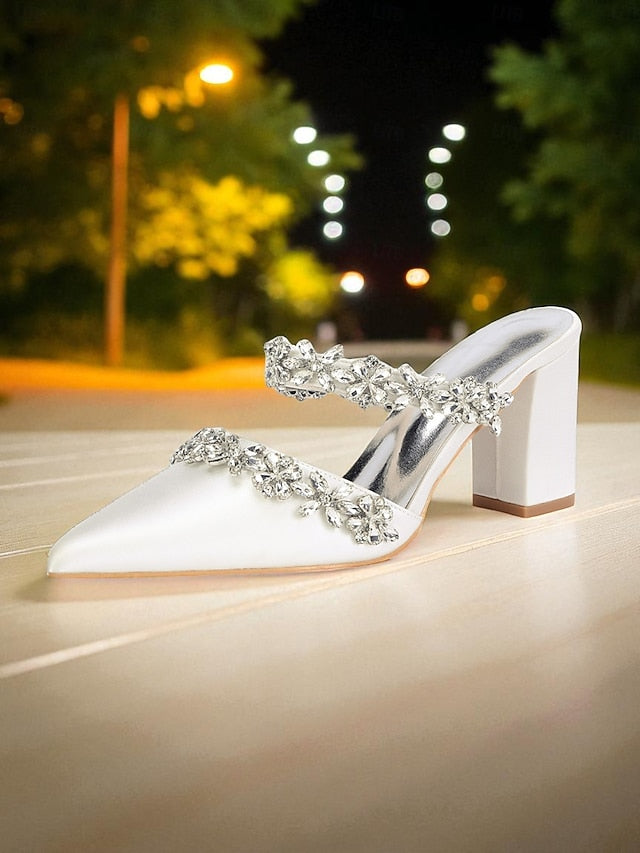 Heel Block Mules with Black Satin Floral Rhinestone Women's