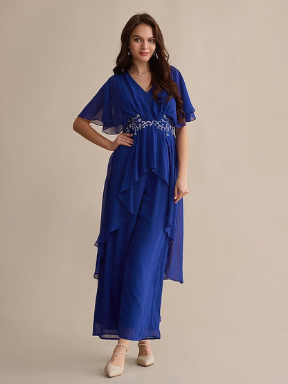 Royal Wedding Blue Chiffon Embroidered Cuff Guest Sequin Flare