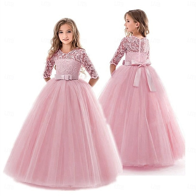 Flower Solid Girls' Kids Wedding Girl Colored Dress