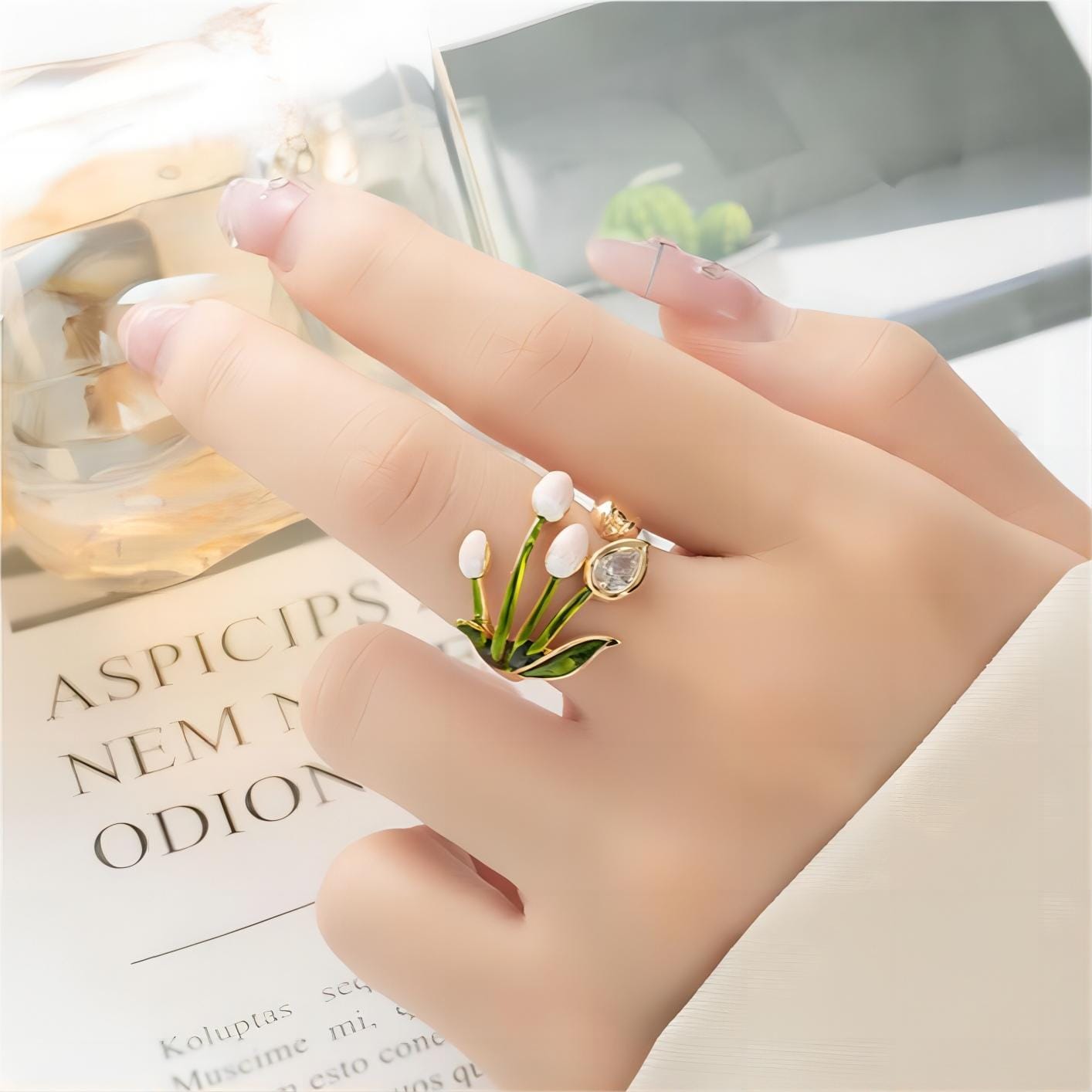 Crystal Inlaid Enamel Tulip Ring GEM586