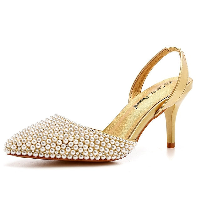 Slingback Women's Embellishments with White Pearl Heels –