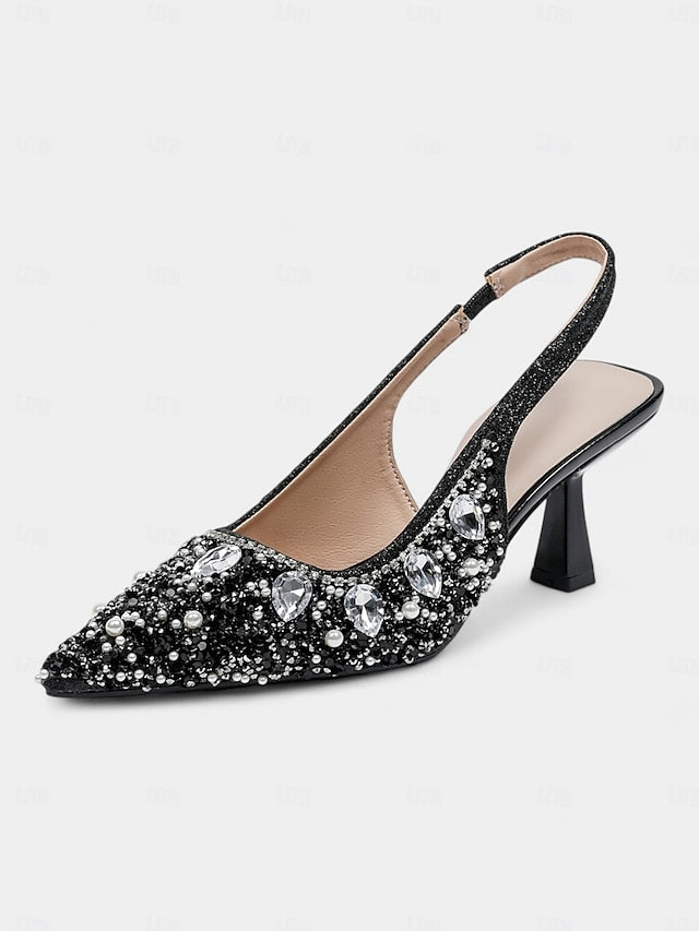Rhinestone Gold Women's Pearl Slingback with Heels