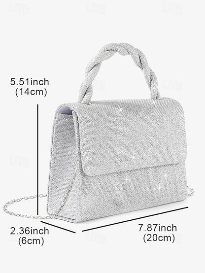Women's Silver Handbag Glitter Handle with Braided and