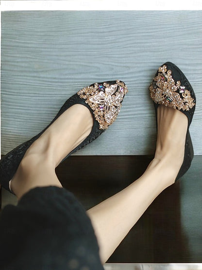 Women's Embroidered Beaded Ballet Flats Foldable with