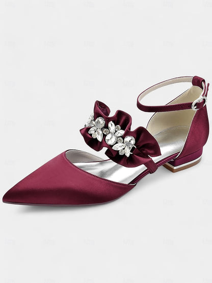 Satin Pointed-Toe with Women's Black Rhinestone Flats