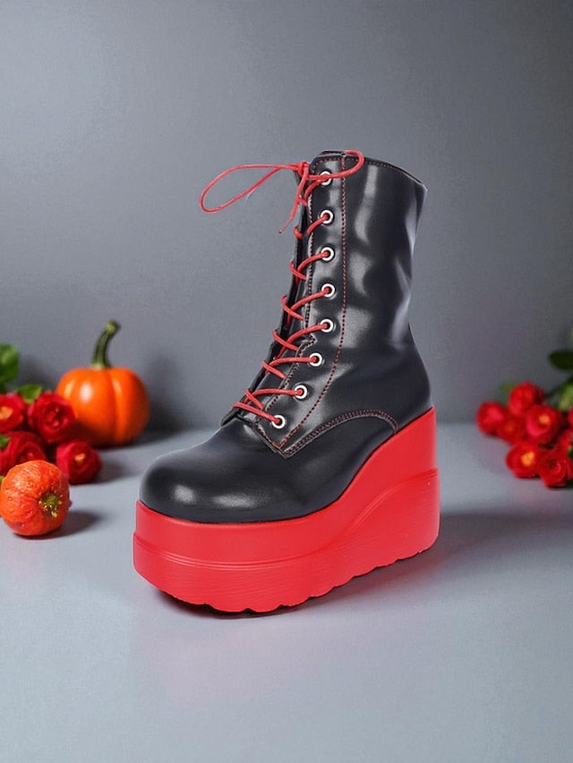 Red and Platform Bold Women's - Ankle Lace-Up Black Boots