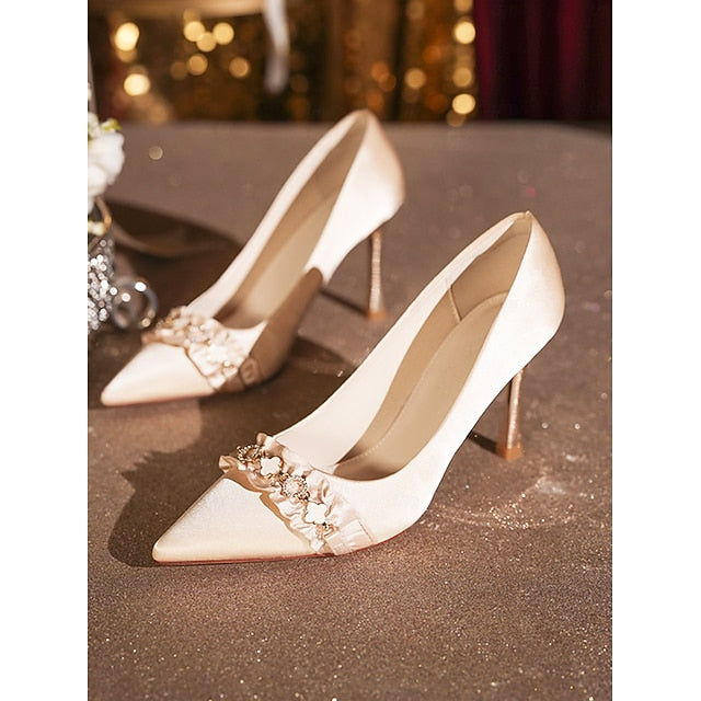 Pumps with Pointed Women's White Satin Heel Toe High Ruffle